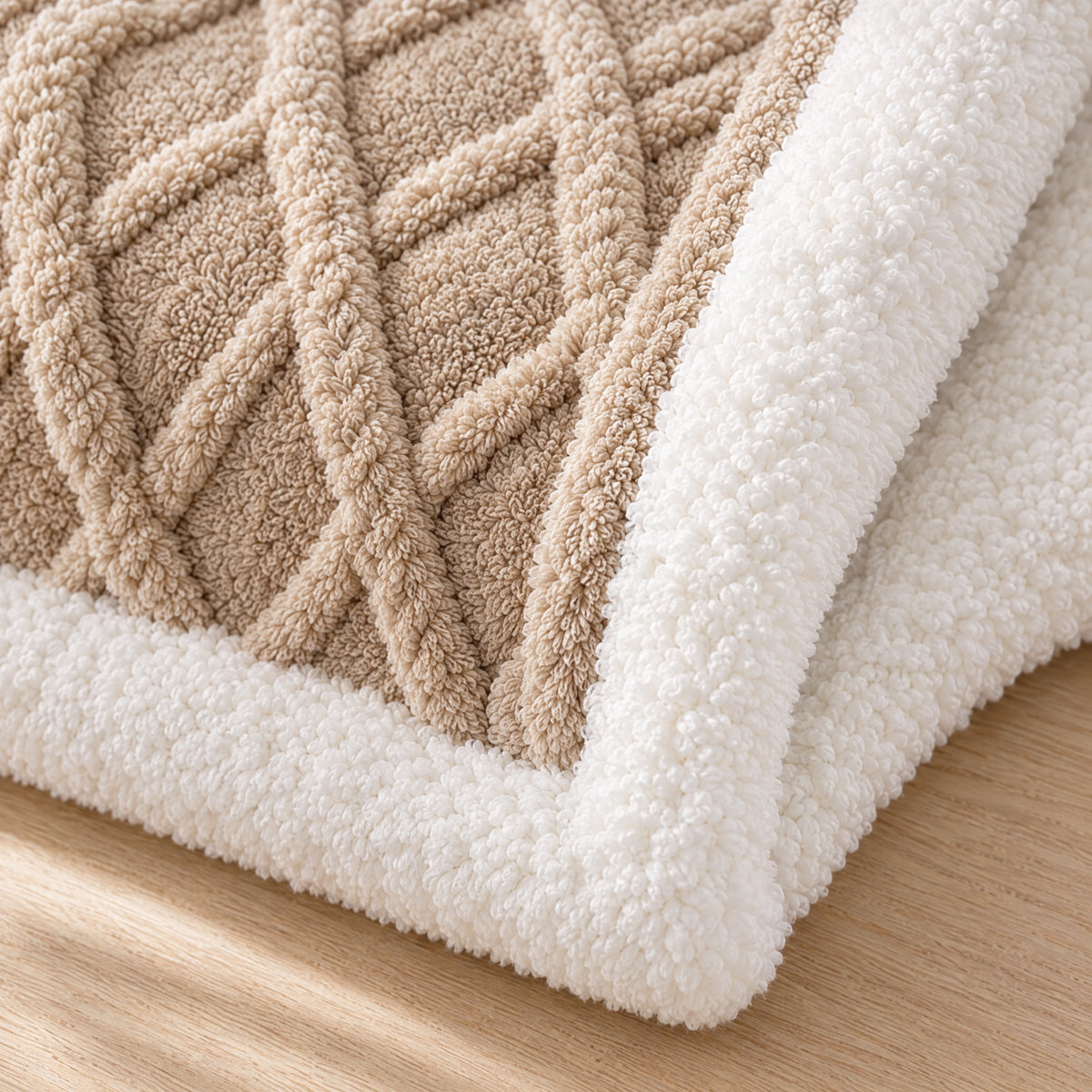 Close view of the Harbour throw's cable pattern and sherpa reverse