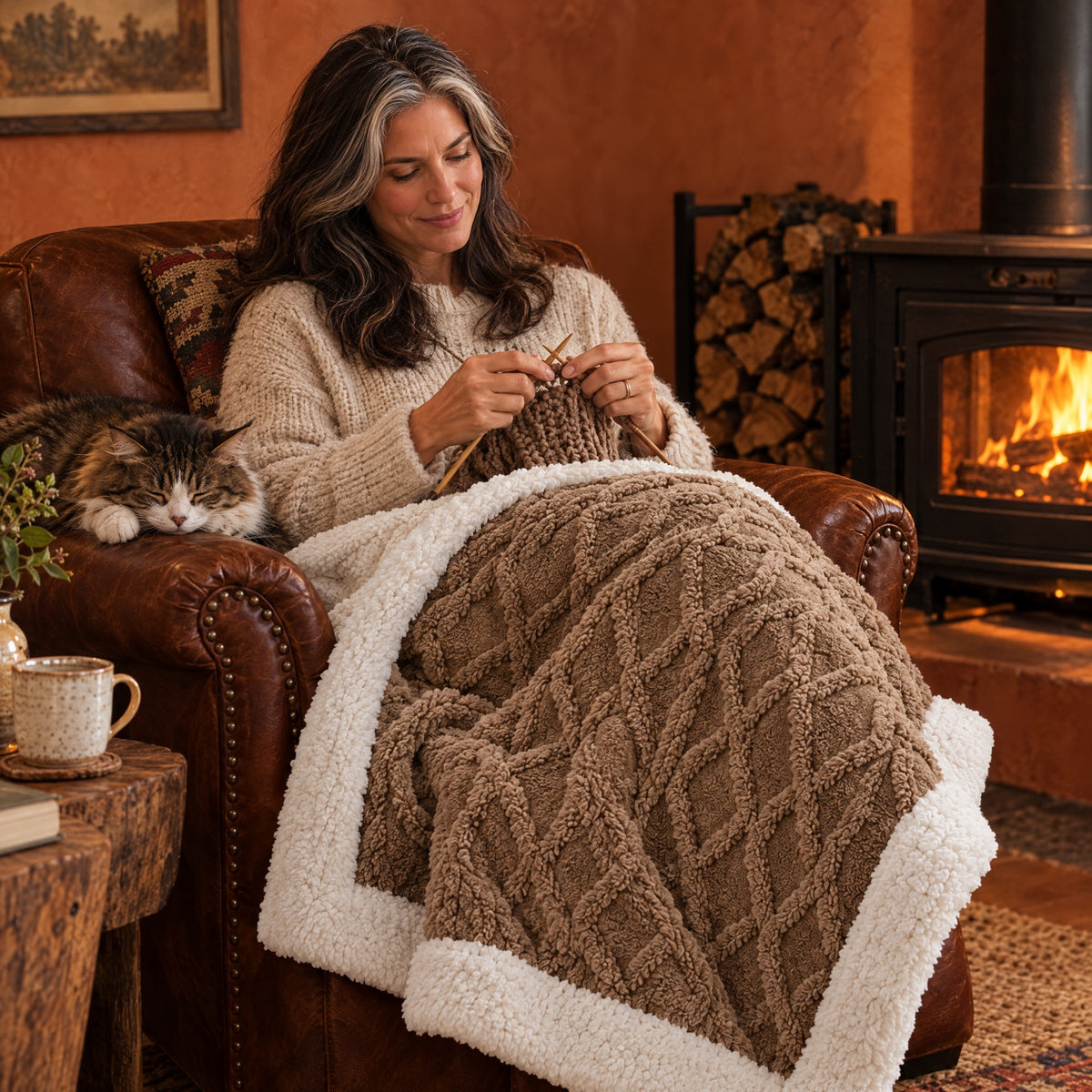 Woman knitting by a stove with the brown Harbour throw over her lap