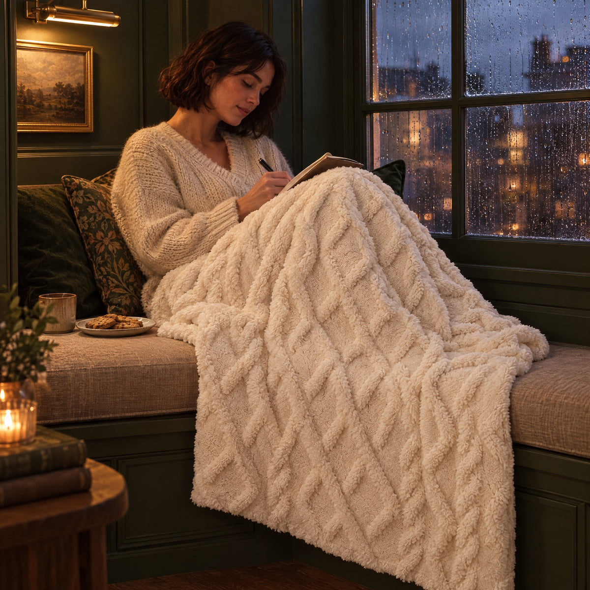 Woman writing on a window seat under the Loft throw