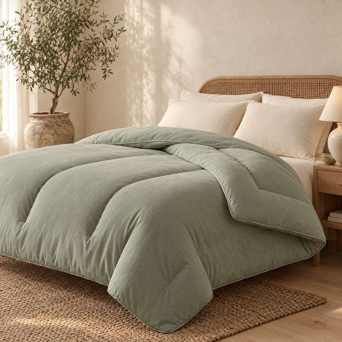 Sage Green, with rattan and linen